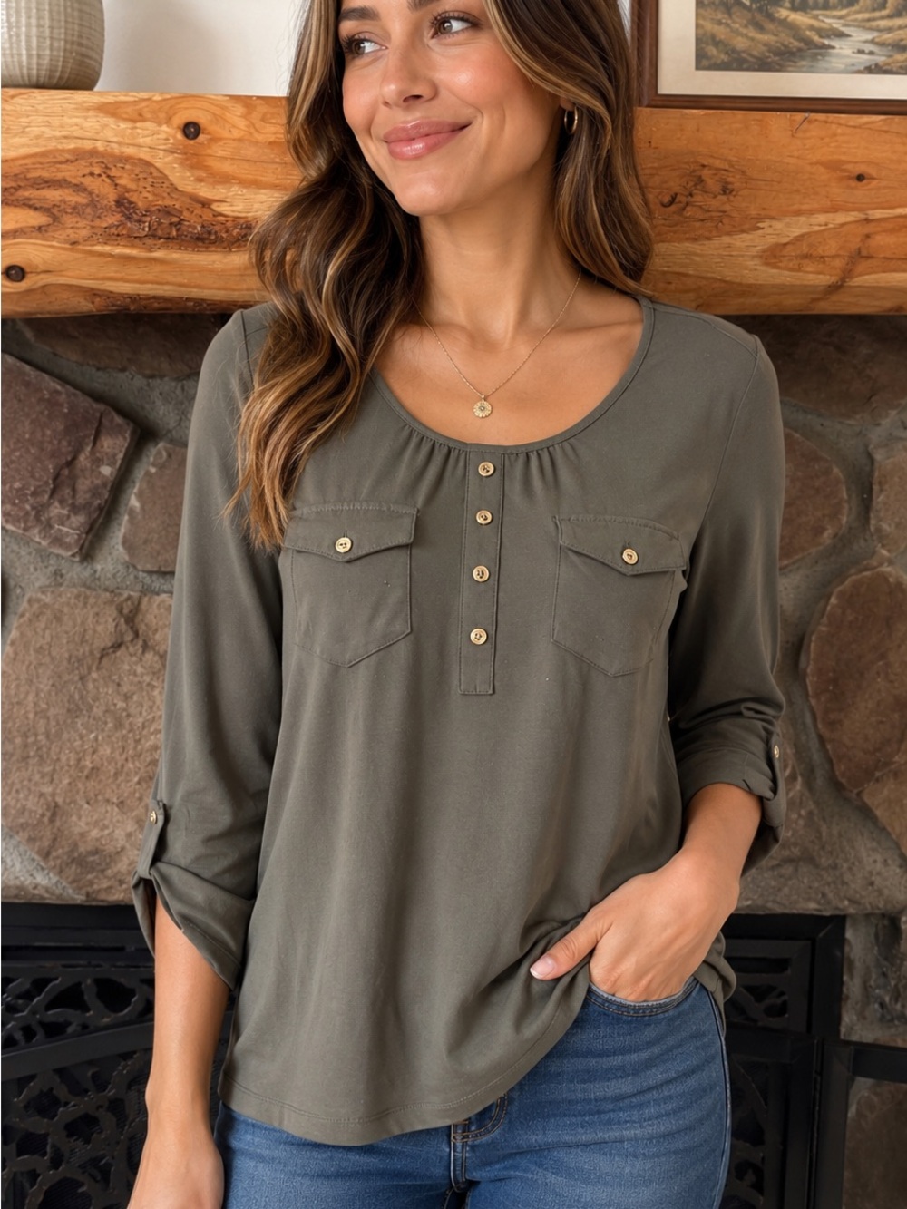 PerSeption Concept Olive Henley Button-Front Long Sleeve Top